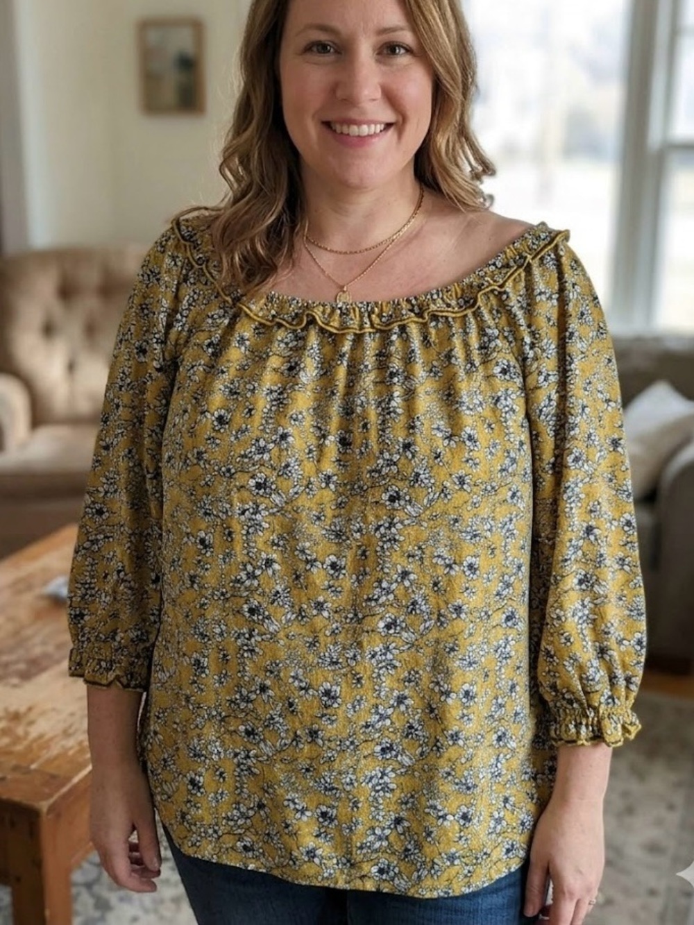 Max Studio Mustard Yellow Floral Boho Ruffle Peasant Top 3X Plus Cottagecore